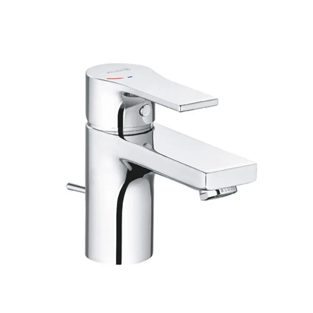 Chromfarbener Waschtischmischer von Kludi mit flacher Bedienungsoberfläche und seitlichem Hebel. Eignet sich für die Montage an Waschtischen und bietet eine moderne Optik.